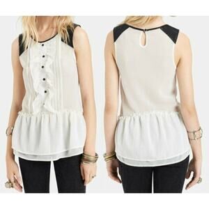 Free People Ivory Black Faux Leather Paint the Town Sheer Blouse XS NEW